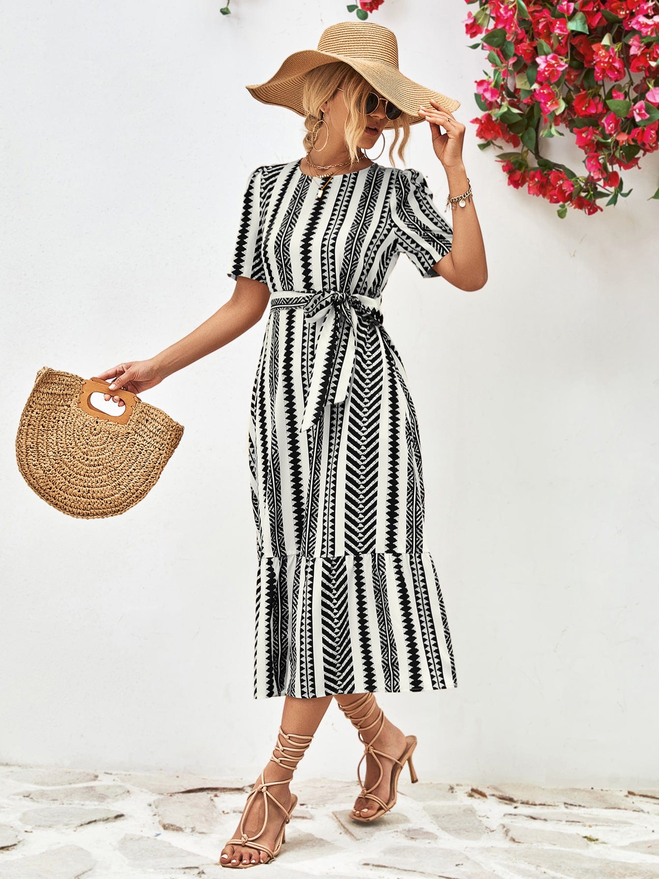 Striped Tie Belt Round Neck Puff Sleeve Dress - Body By J'ne