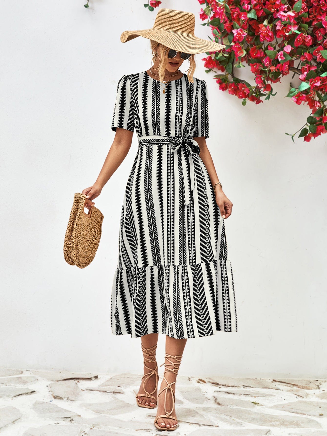 Striped Tie Belt Round Neck Puff Sleeve Dress - Body By J'ne