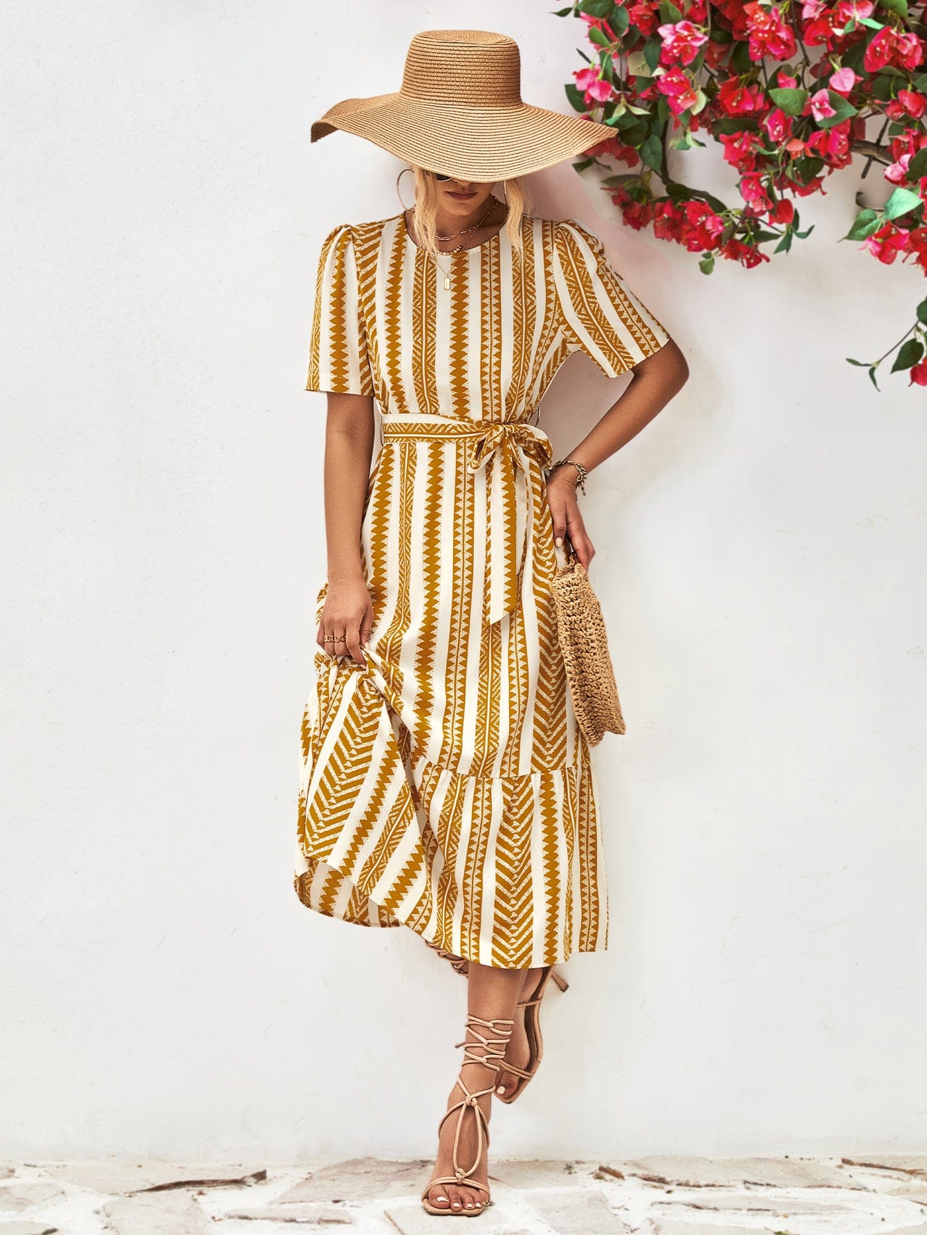 Striped Tie Belt Round Neck Puff Sleeve Dress - Body By J'ne