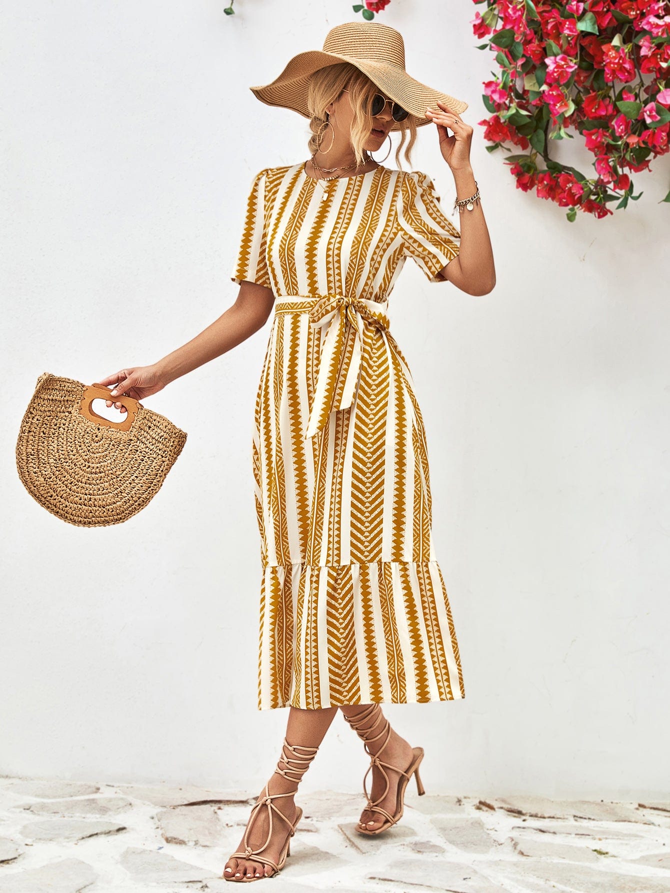 Striped Tie Belt Round Neck Puff Sleeve Dress - Body By J'ne