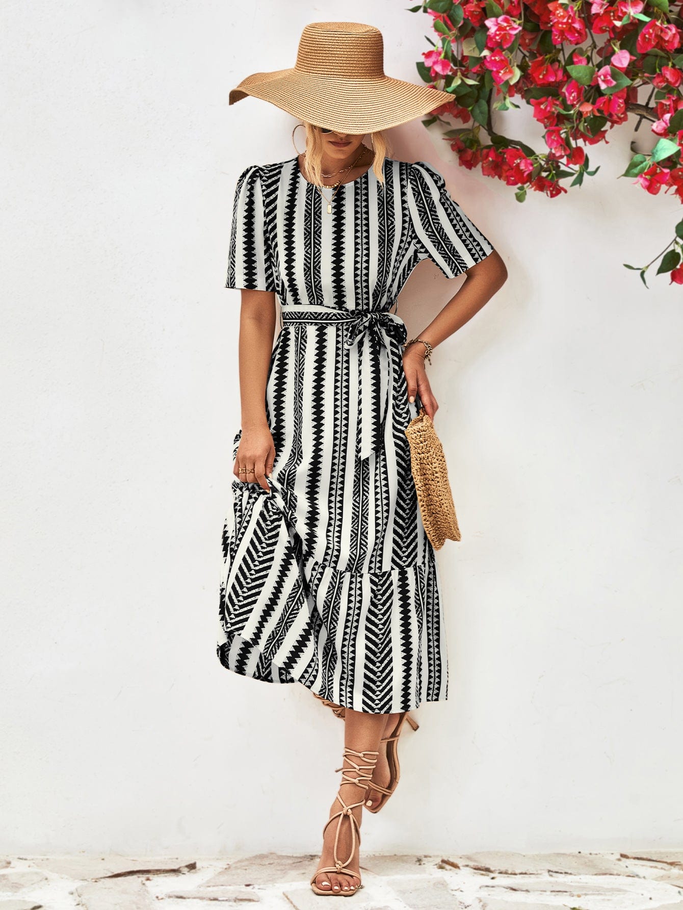 Striped Tie Belt Round Neck Puff Sleeve Dress - Body By J'ne