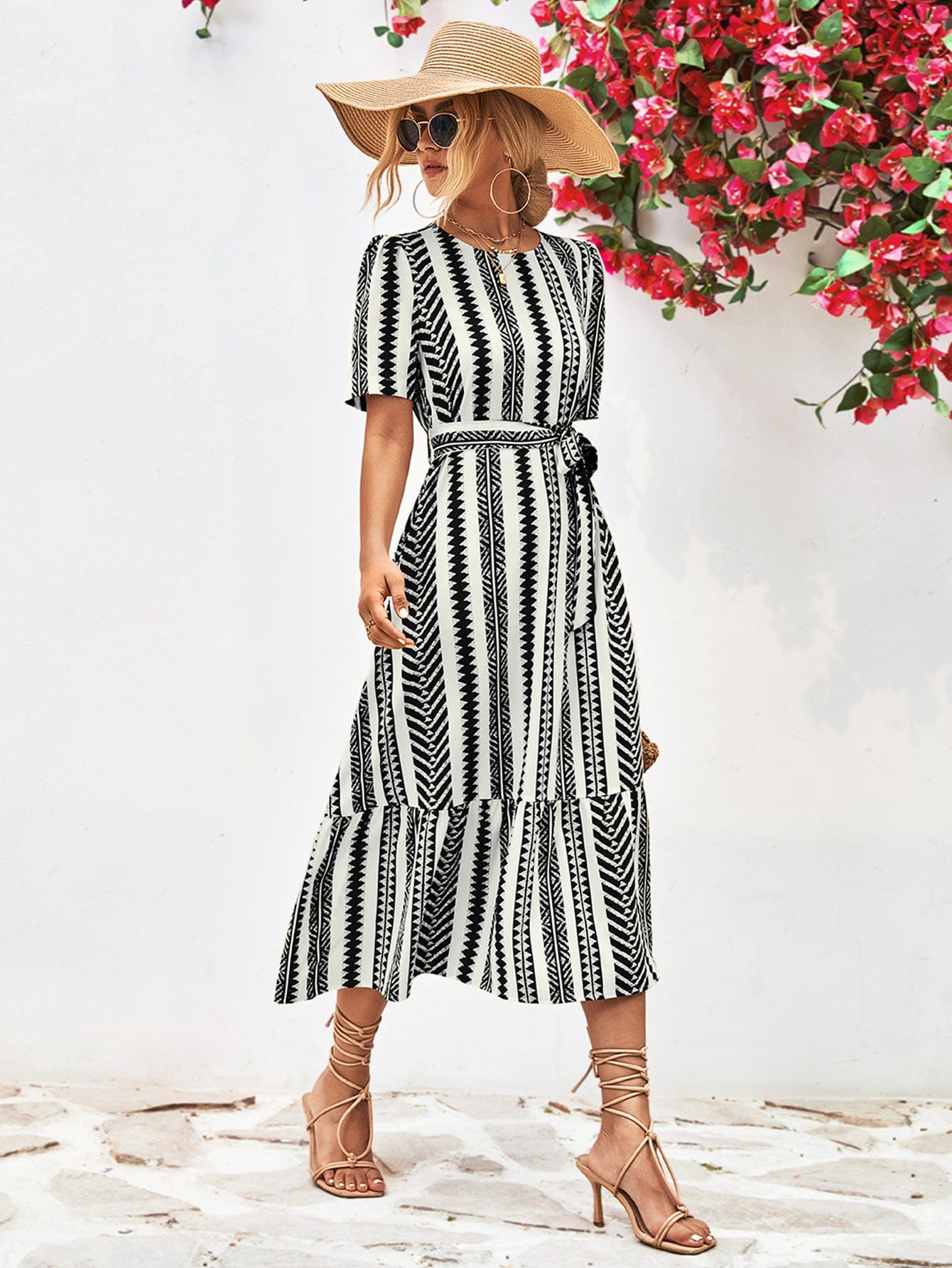 Striped Tie Belt Round Neck Puff Sleeve Dress - Body By J'ne