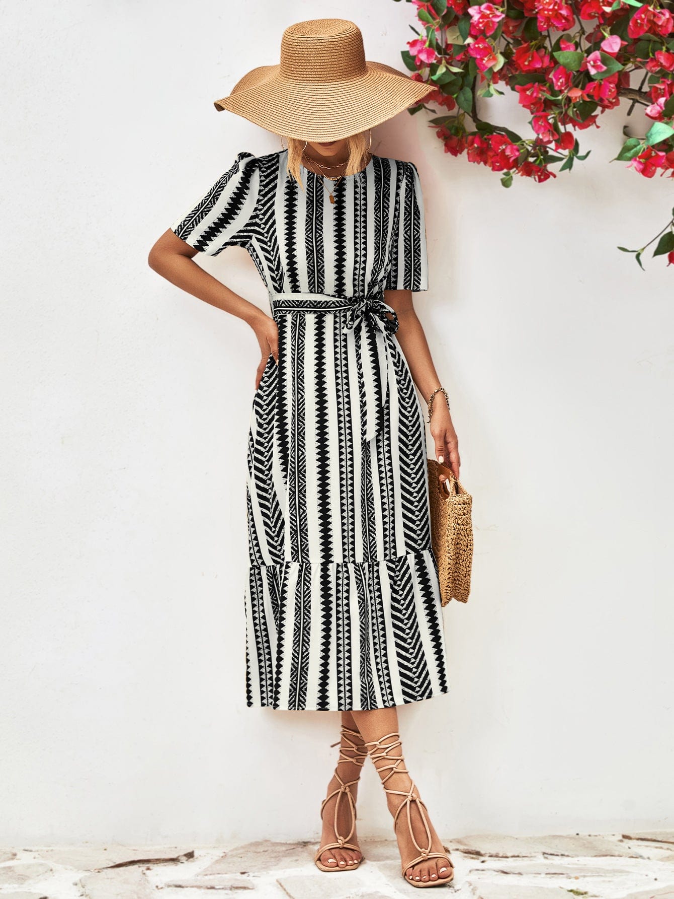 Striped Tie Belt Round Neck Puff Sleeve Dress - Body By J'ne