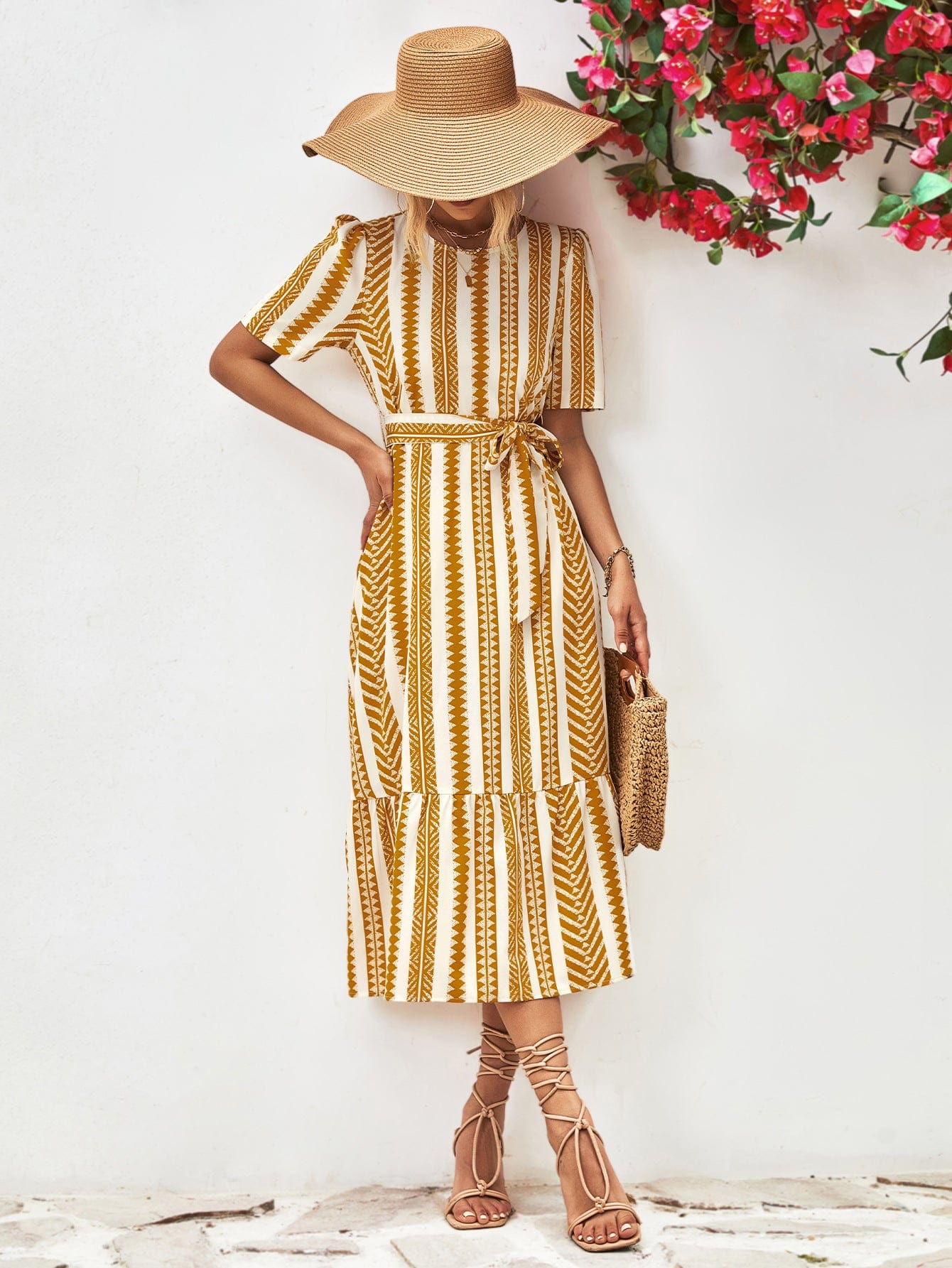 Striped Tie Belt Round Neck Puff Sleeve Dress - Body By J'ne