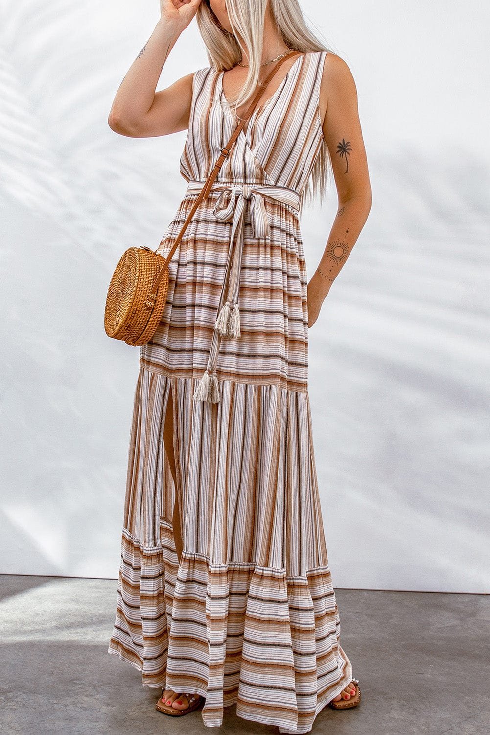Striped Tie Waist Slit Sleeveless Dress - Body By J'ne