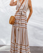 Striped Tie Waist Slit Sleeveless Dress - Body By J'ne