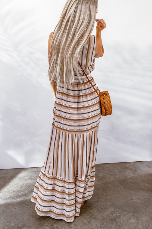 Striped Tie Waist Slit Sleeveless Dress - Body By J'ne