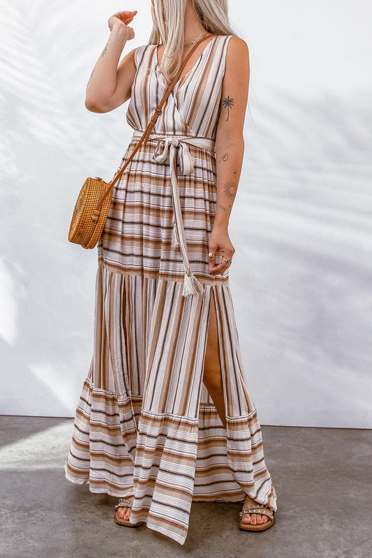 Striped Tie Waist Slit Sleeveless Dress - Body By J'ne