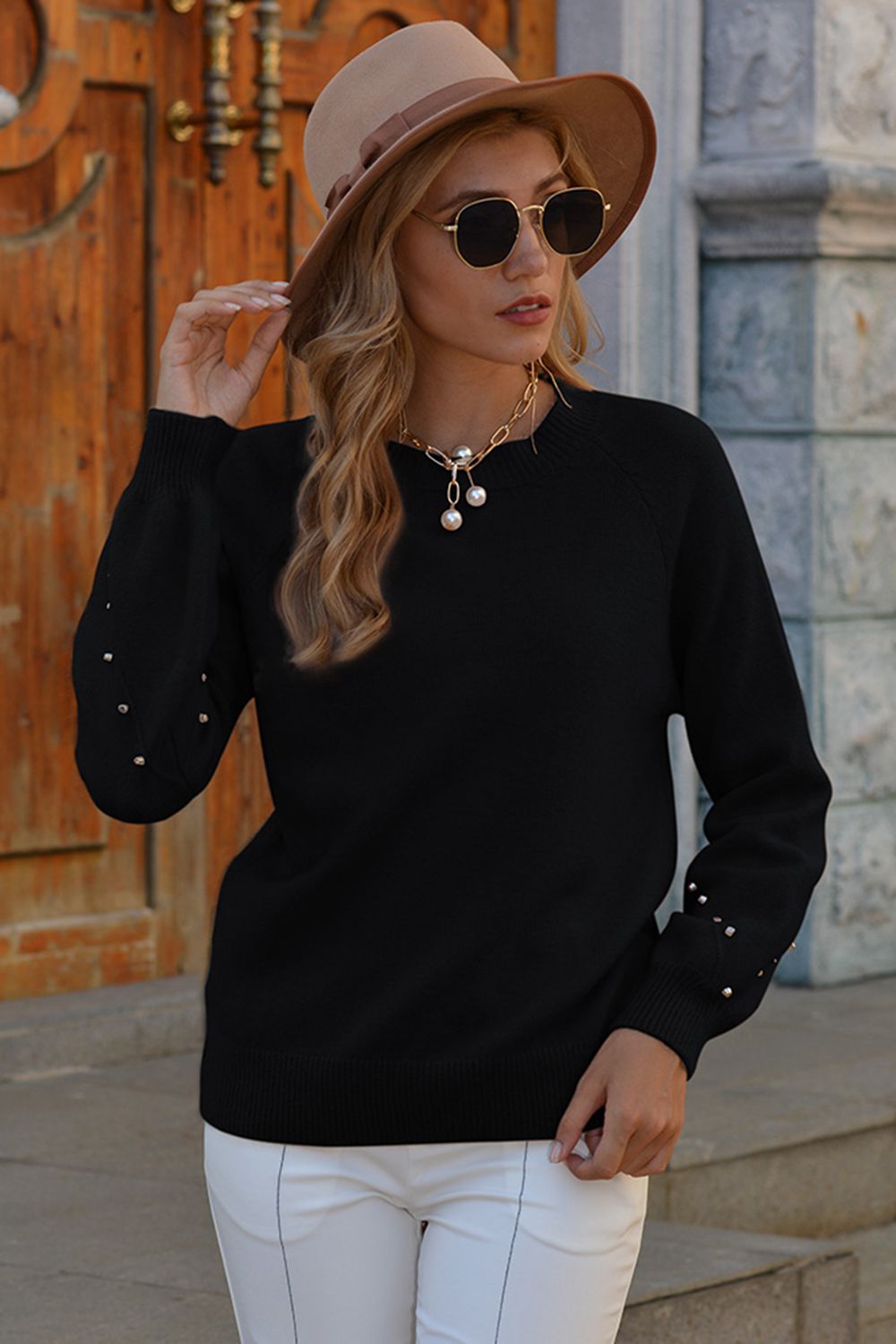 Stud Trim Round Neck Sweater - Body By J'ne