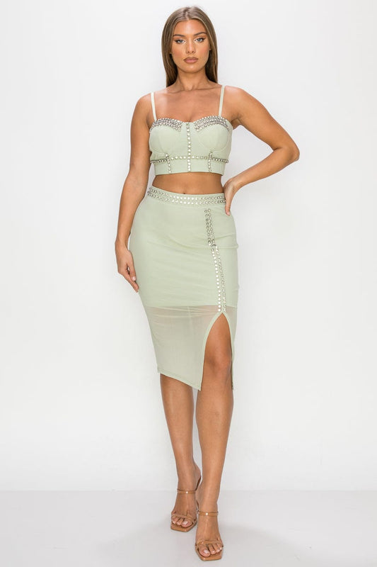 Studded Stone Cami Top & Slit Mini Skirts Set - Body By J'ne