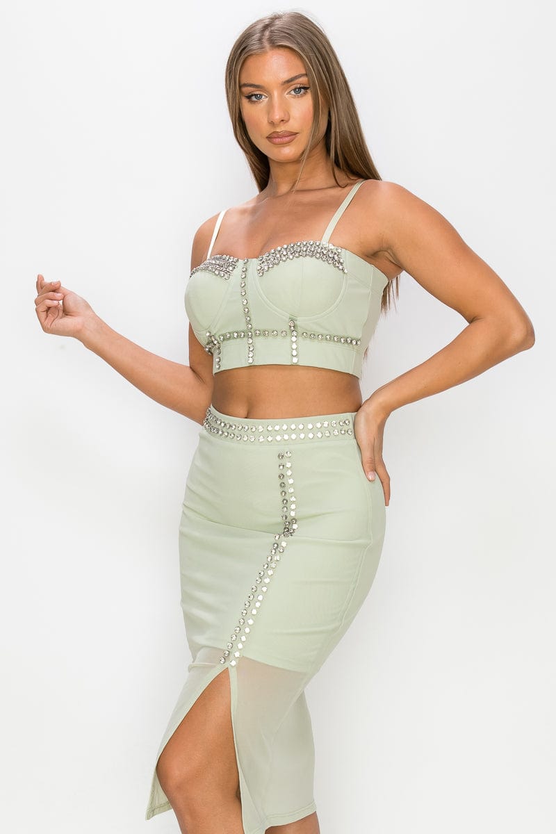 Studded Stone Cami Top & Slit Mini Skirts Set - Body By J'ne