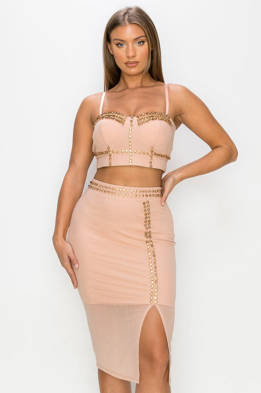 Studded Stone Cami Top & Slit Mini Skirts Set - Body By J'ne