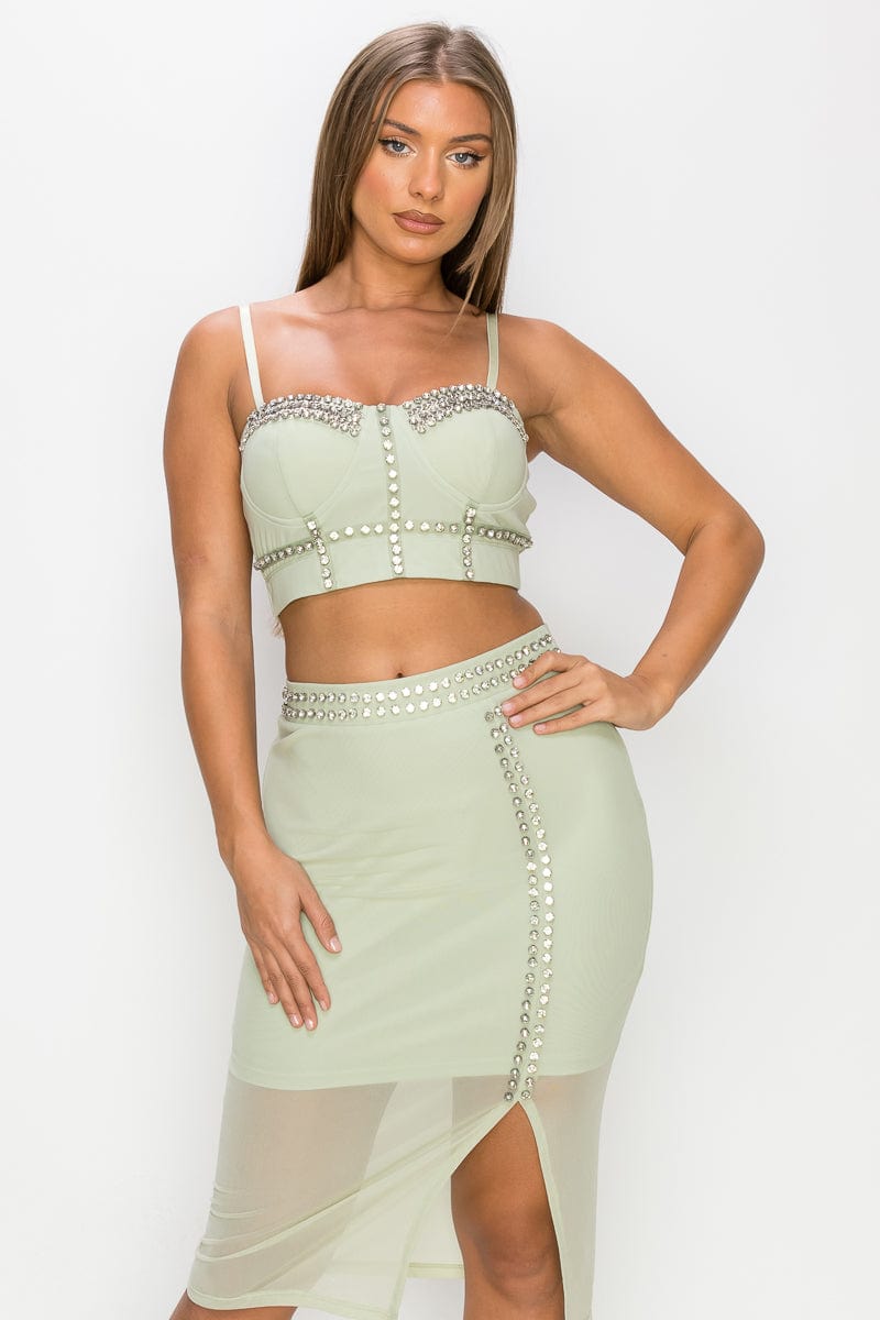 Studded Stone Cami Top & Slit Mini Skirts Set - Body By J'ne