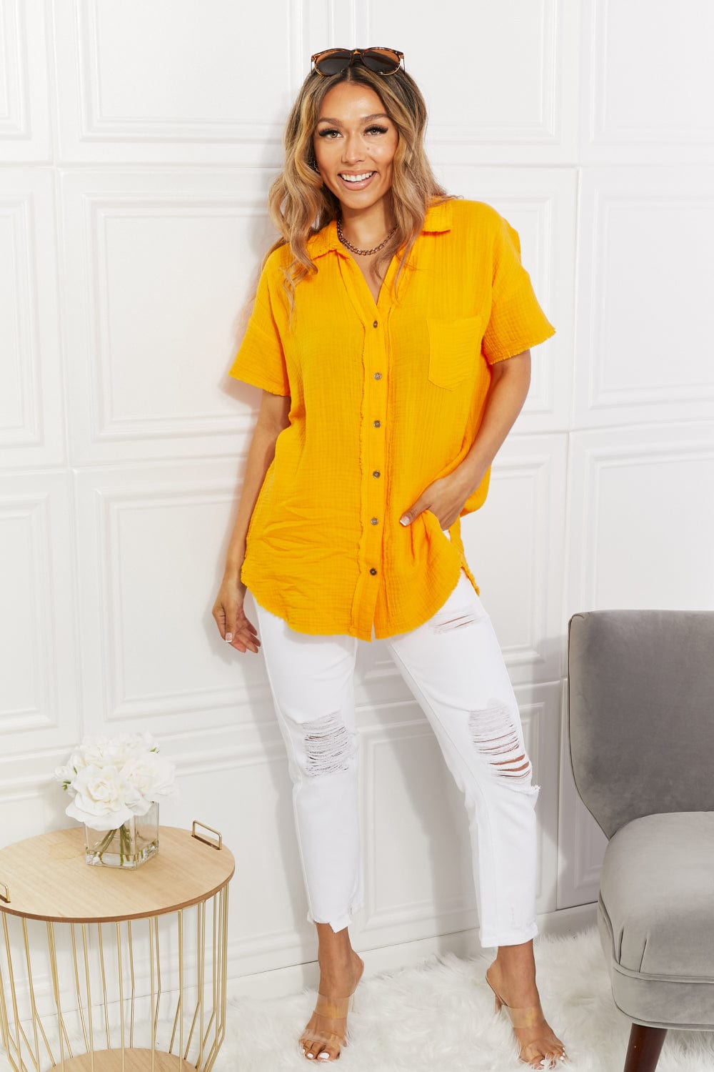 Summer Breeze Gauze Short Sleeve Shirt in Mustard - Body By J'ne