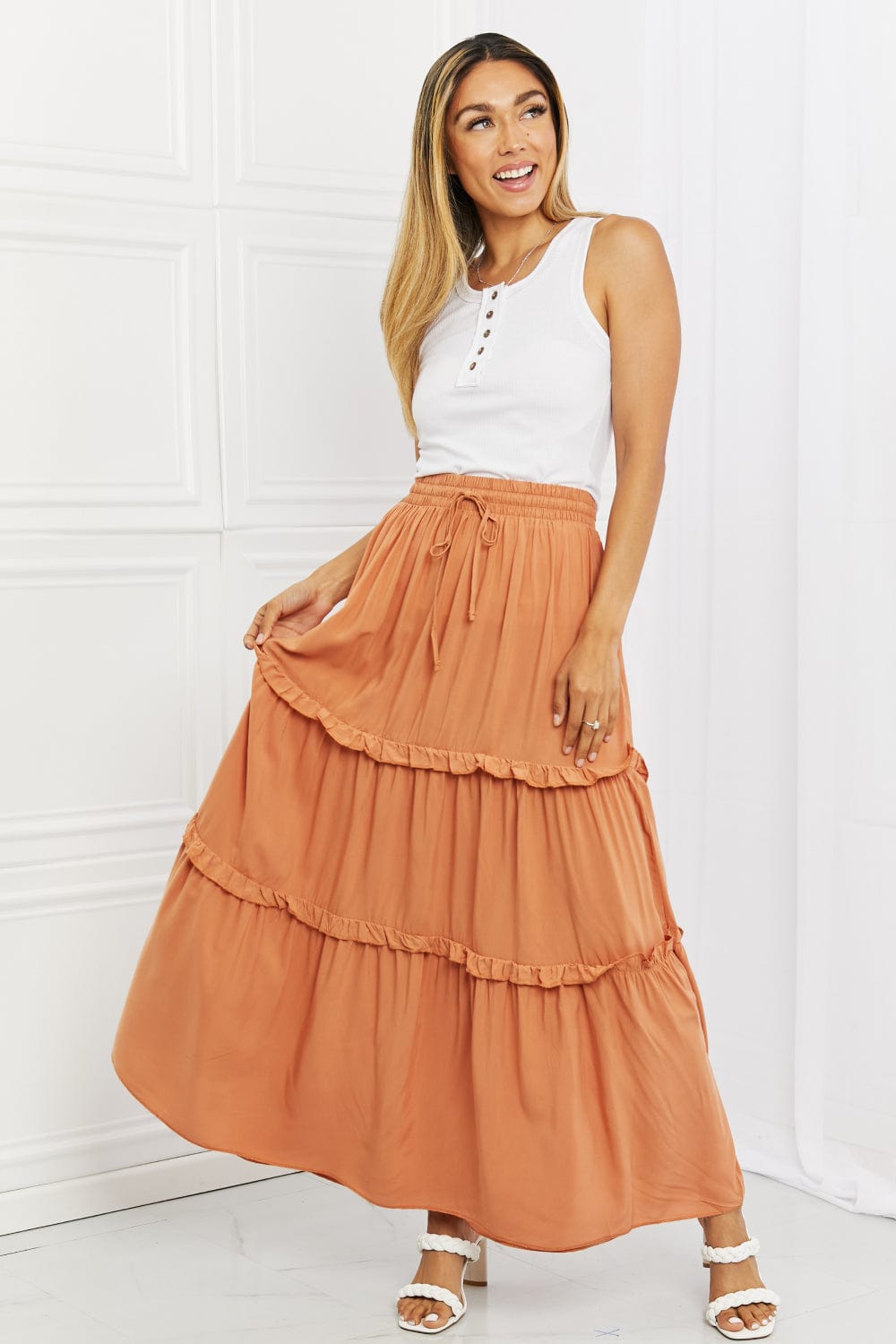 Summer Days Full Size Ruffled Maxi Skirt in Butter Orange - Body By J'ne