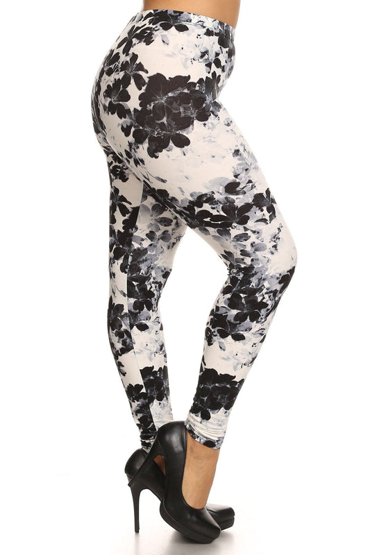 Super Soft Peach Skin Fabric, Floral Graphic Printed Knit Legging With Elastic Waist Detail - Body By J'ne