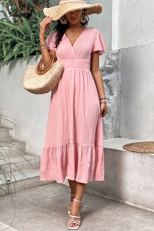 Surplice Neck Smocked Waist Flutter Sleeve Dress - Body By J'ne