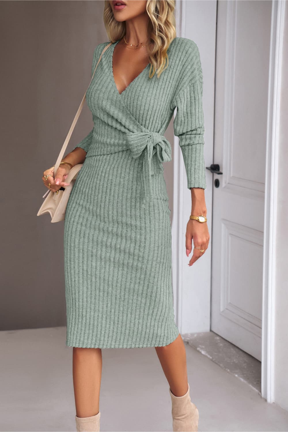 Surplice Neck Tied Ribbed Dress - Body By J'ne