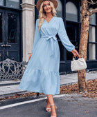 Swiss Dot Belted Surplice Puff Sleeve Midi Dress - Body By J'ne