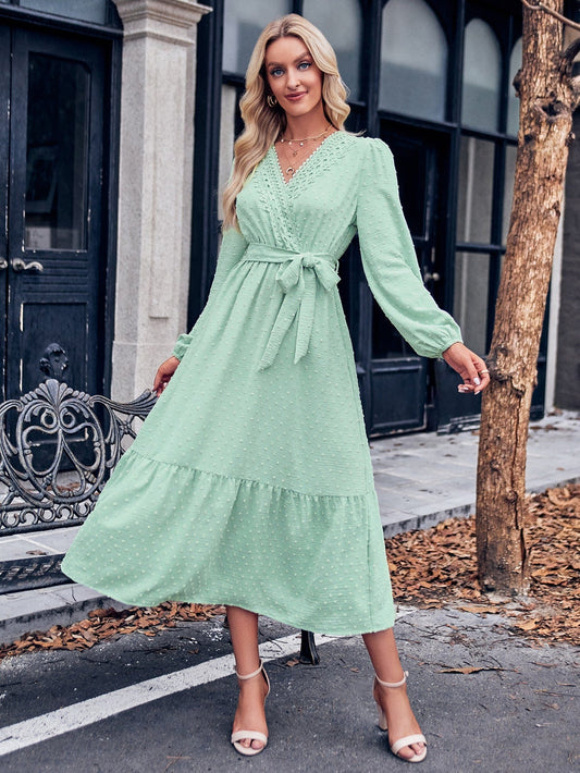 Swiss Dot Belted Surplice Puff Sleeve Midi Dress - Body By J'ne