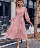 Swiss Dot Belted Surplice Puff Sleeve Midi Dress - Body By J'ne