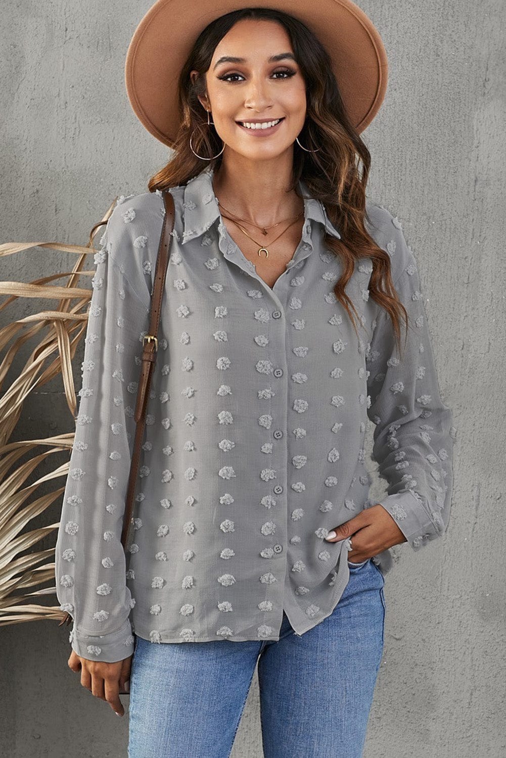 Swiss Dot Button-Up Long Sleeve Shirt - Body By J'ne