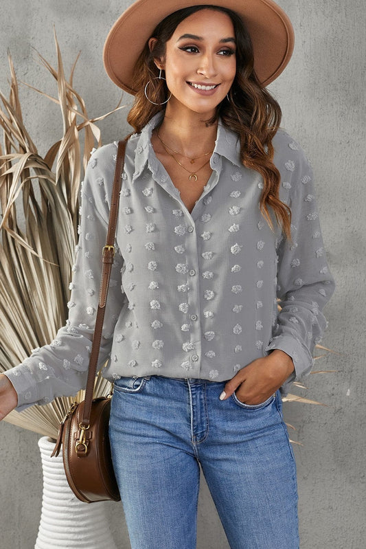 Swiss Dot Button-Up Long Sleeve Shirt - Body By J'ne