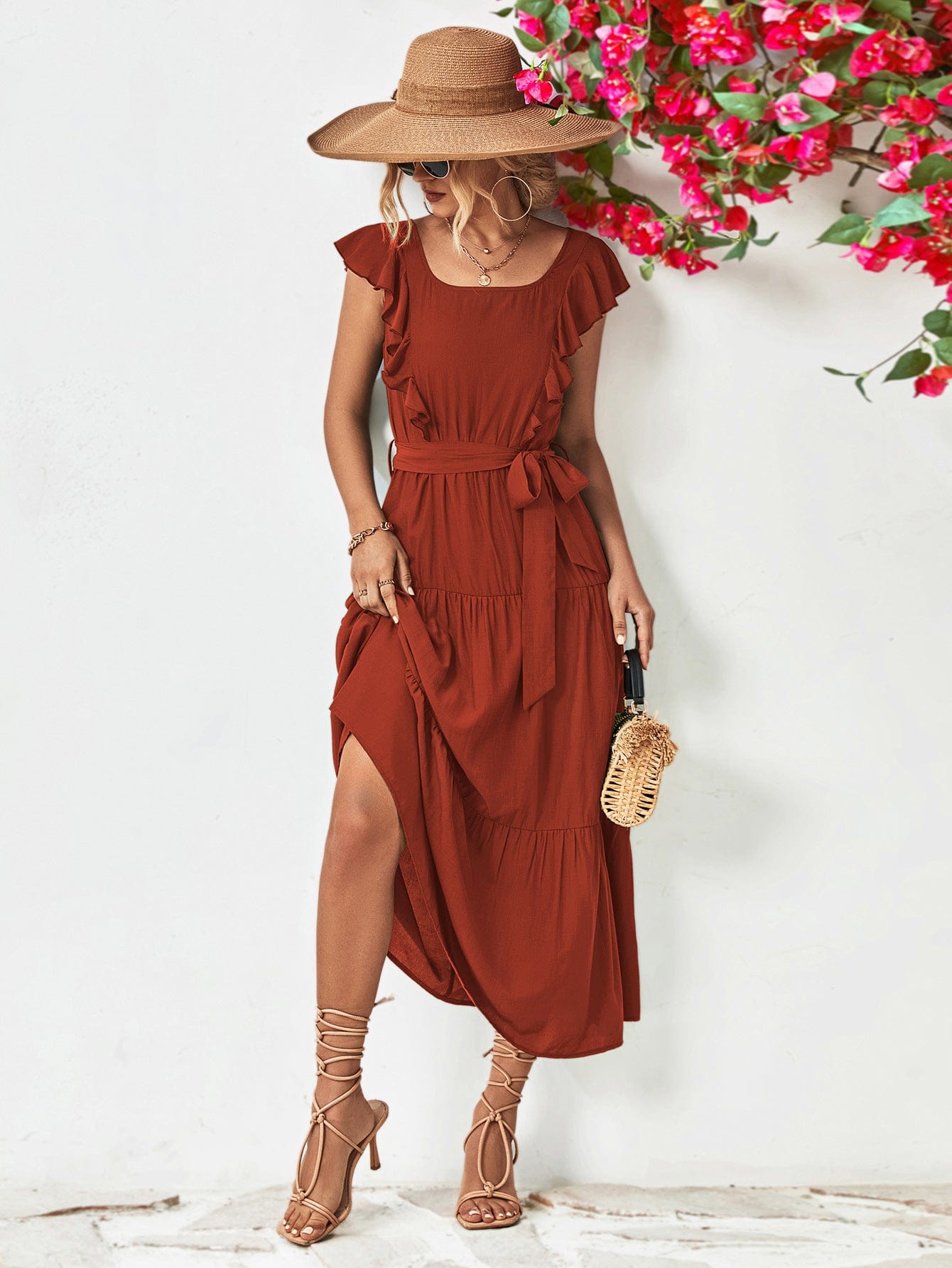 Tie Belt Ruffled Tiered Dress - Body By J'ne