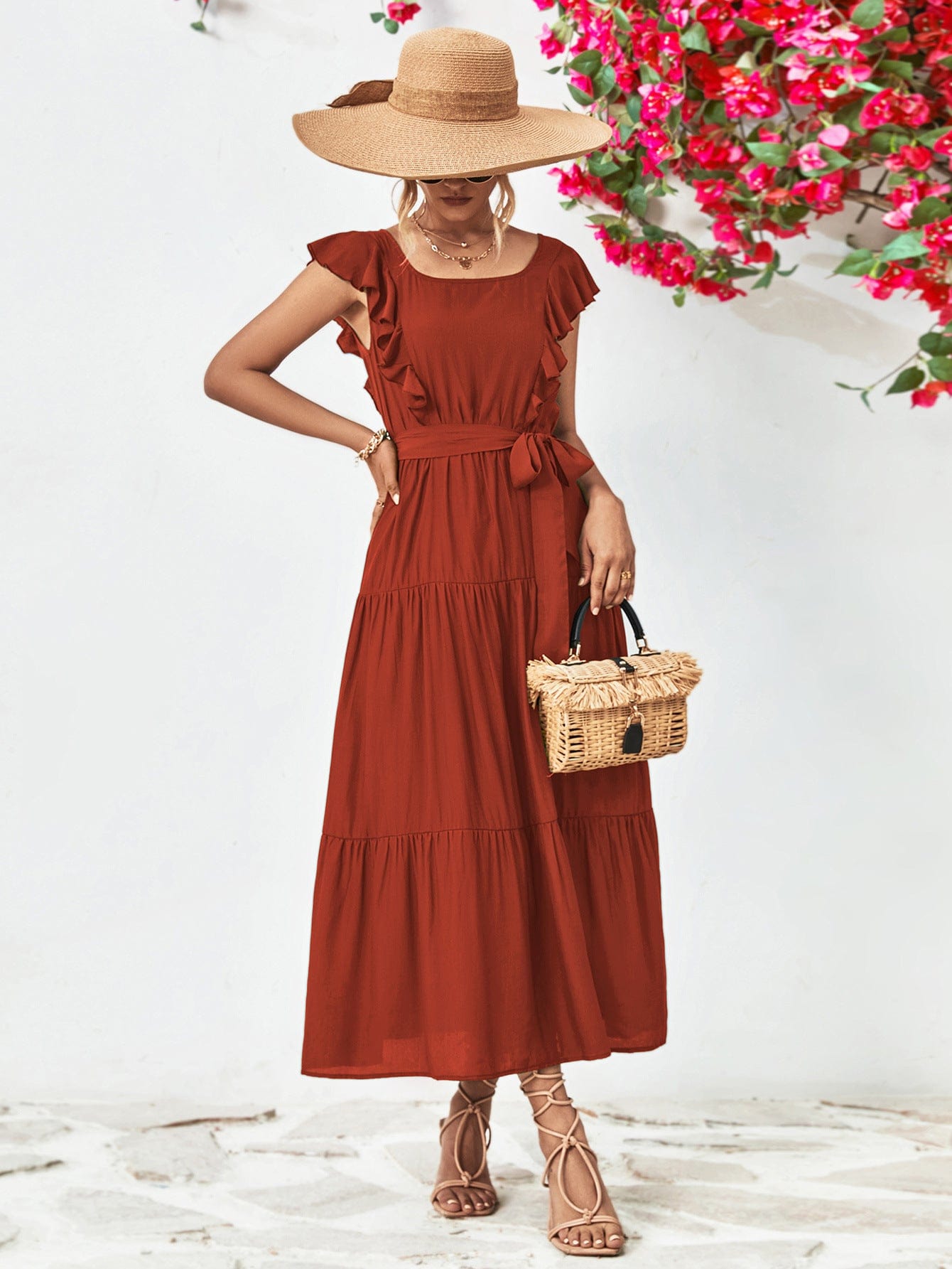 Tie Belt Ruffled Tiered Dress - Body By J'ne