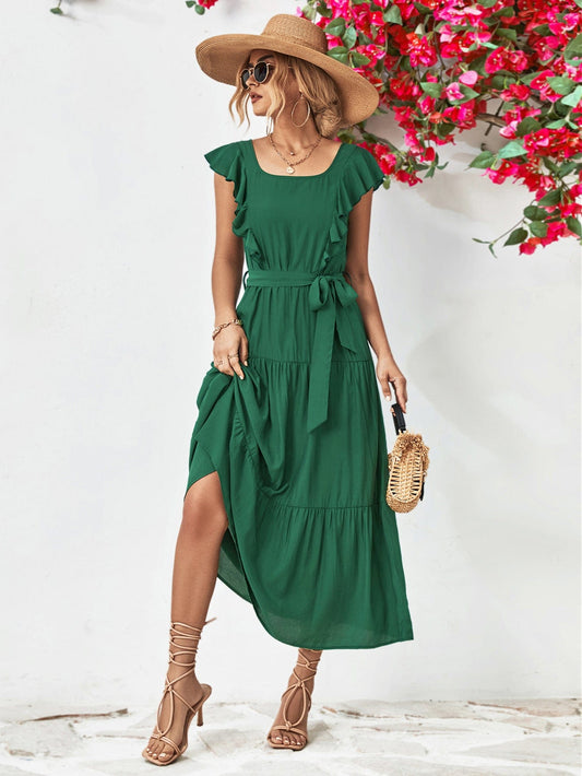 Tie Belt Ruffled Tiered Dress - Body By J'ne