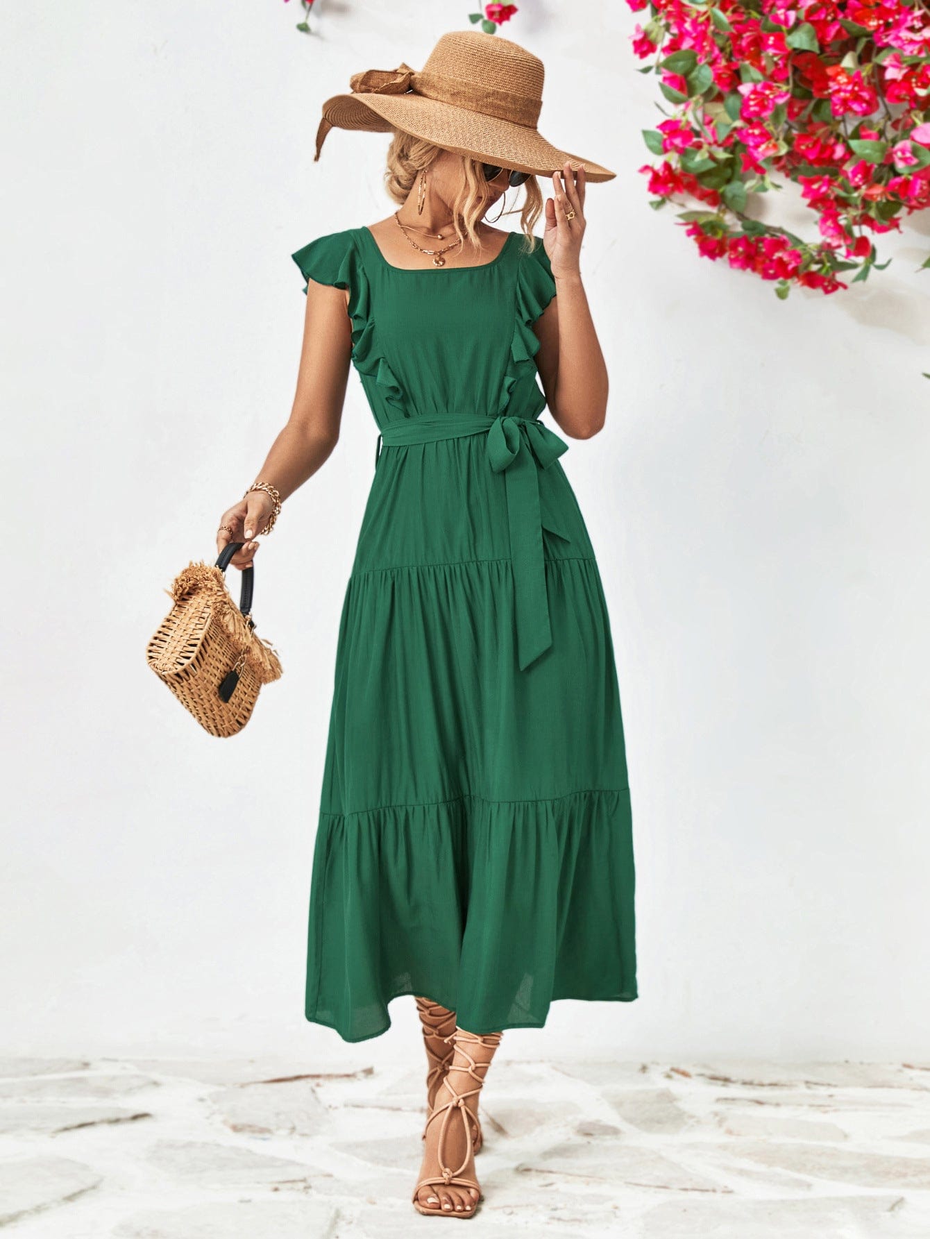Tie Belt Ruffled Tiered Dress - Body By J'ne
