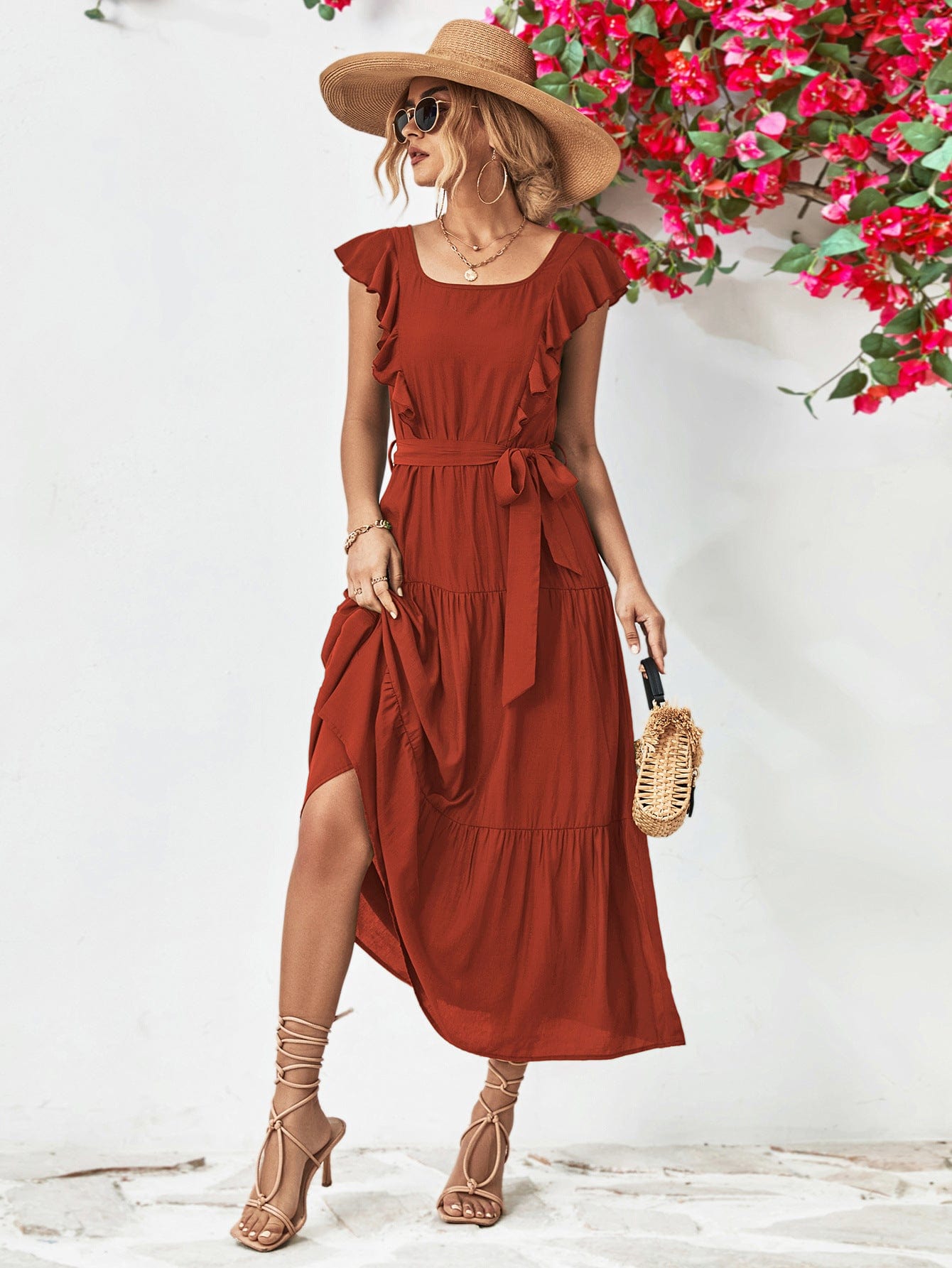 Tie Belt Ruffled Tiered Dress - Body By J'ne