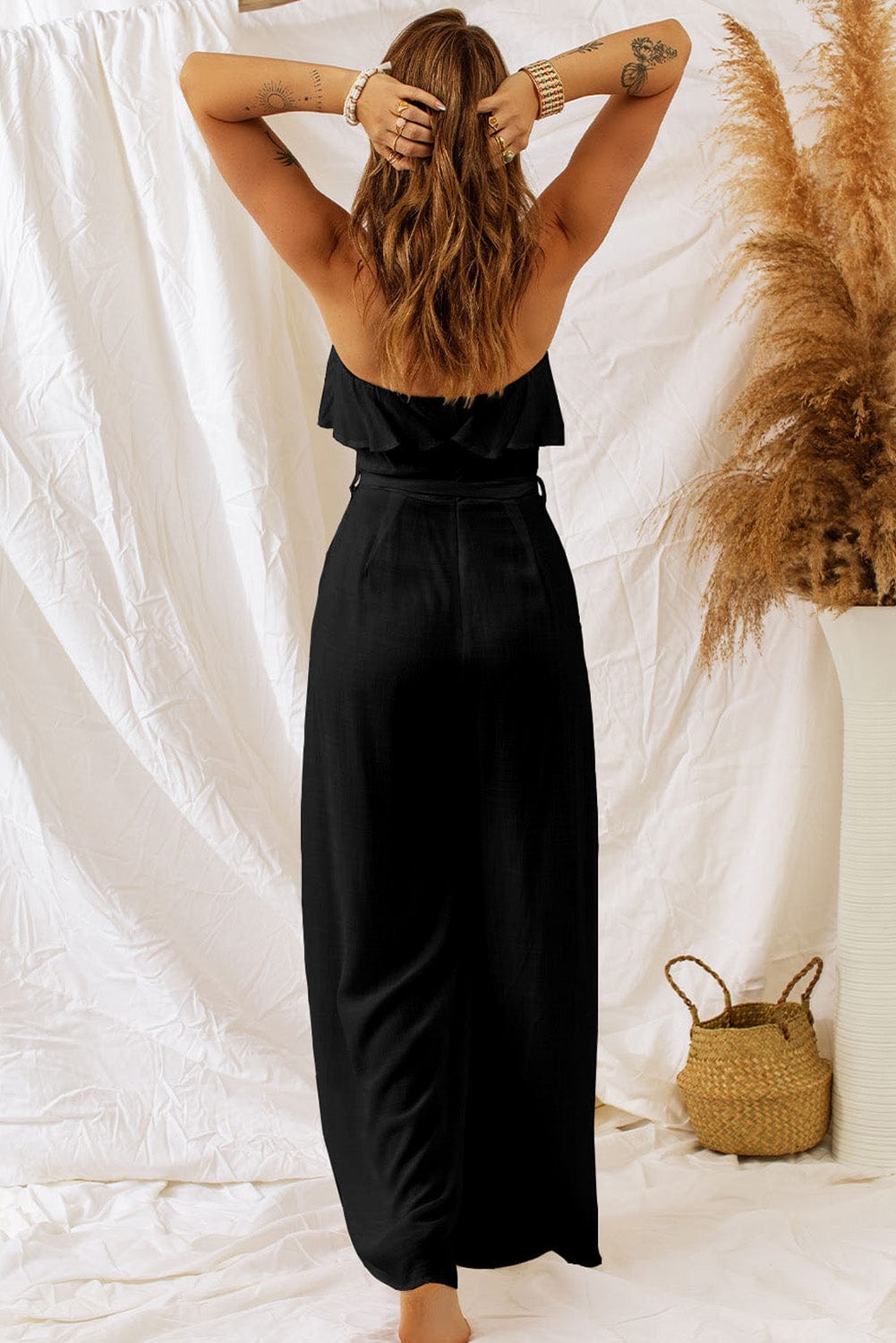 Tie-Waist Ruffled Strapless Wide Leg Jumpsuit - Body By J'ne