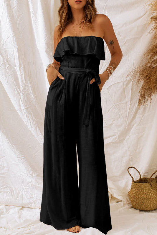 Tie-Waist Ruffled Strapless Wide Leg Jumpsuit - Body By J'ne