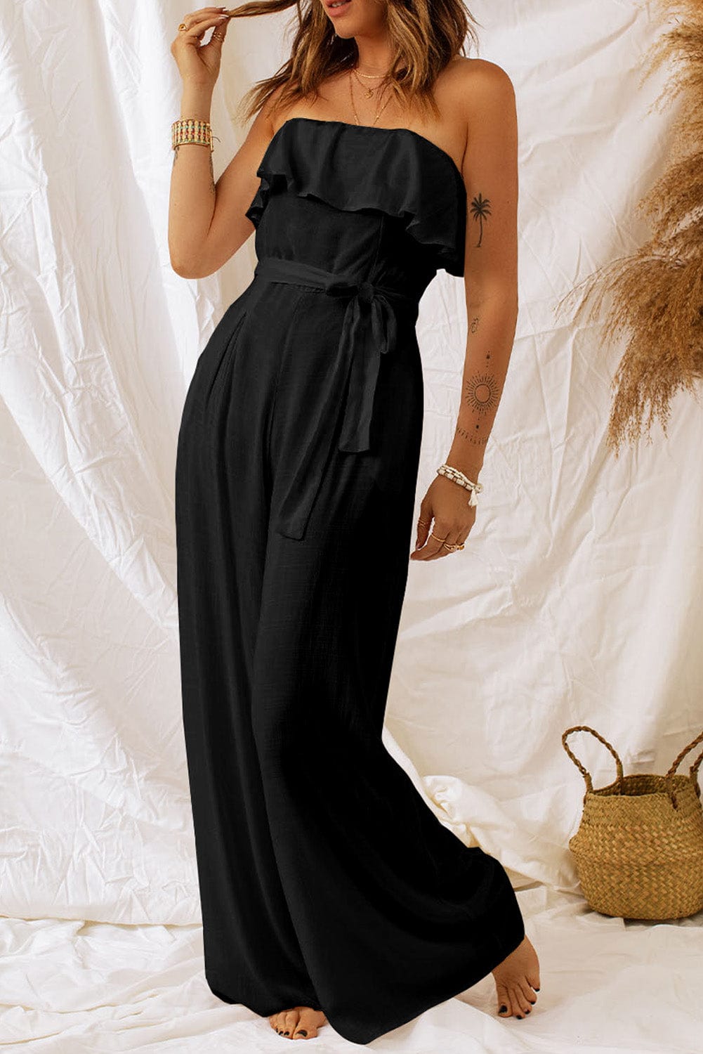 Tie-Waist Ruffled Strapless Wide Leg Jumpsuit - Body By J'ne