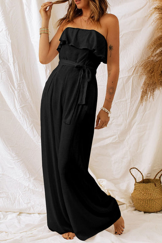 Tie-Waist Ruffled Strapless Wide Leg Jumpsuit - Body By J'ne