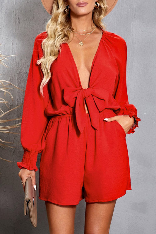 Tied Flounce Sleeve Plunge Romper - Body By J'ne