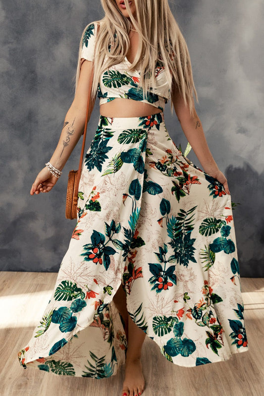 Tropical Print Crop Top and Maxi Skirt Set - Body By J'ne