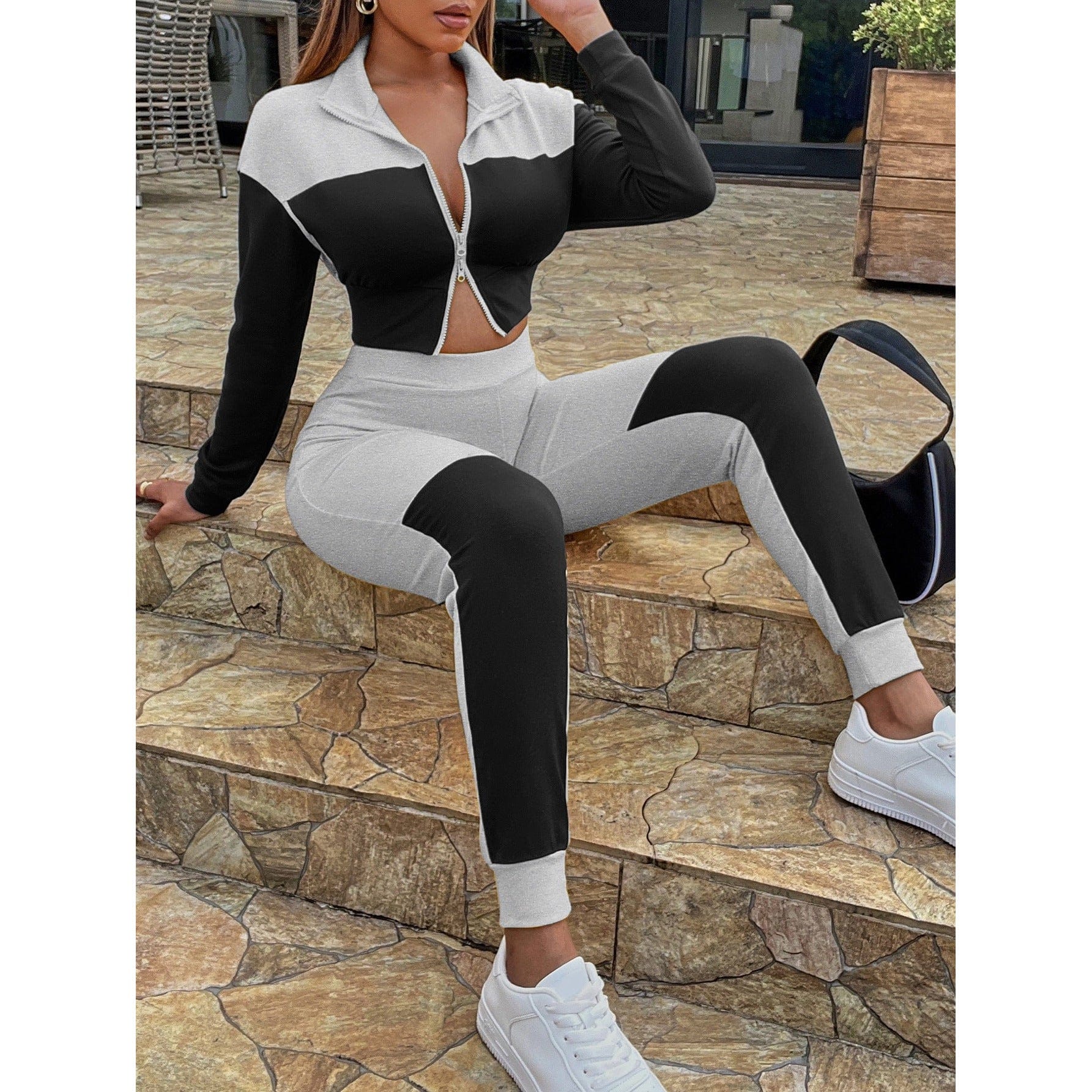 Two-Tone Collared Neck Top and Joggers Set - Body By J'ne