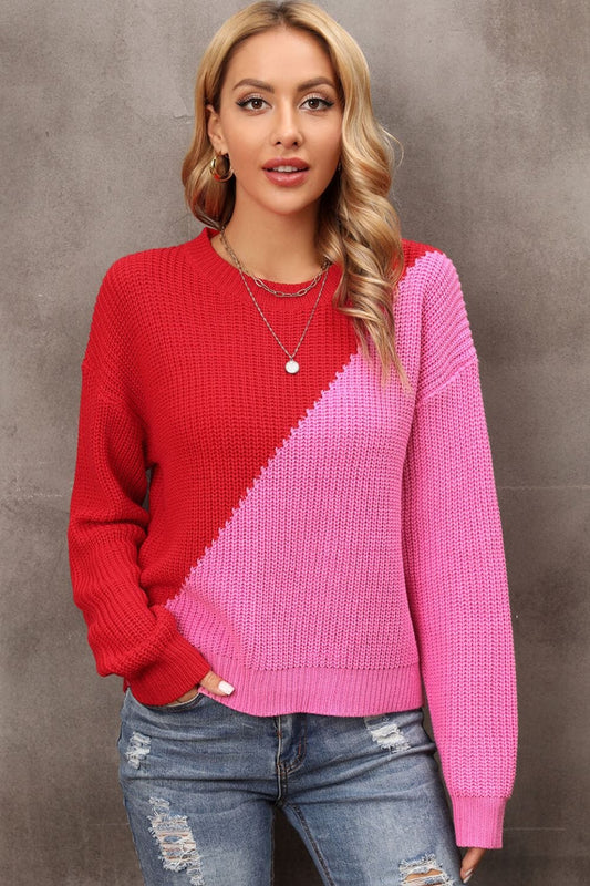 Two-Tone Round Neck Dropped Shoulder Sweater - Body By J'ne