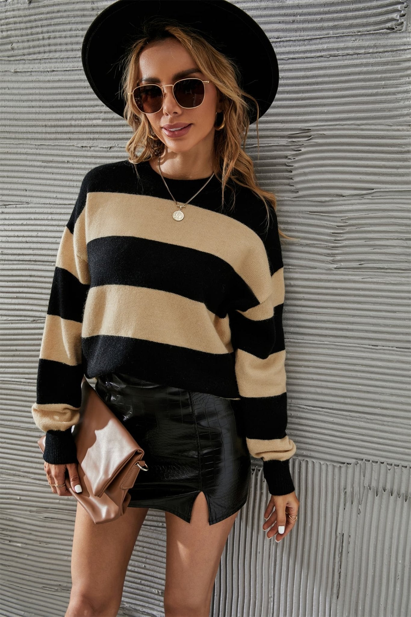 Two-Tone Round Neck Dropped Shoulder Sweater - Body By J'ne