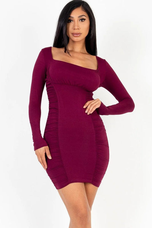 U-neck long sleeve ruched bodycon mini dress - Body By J'ne