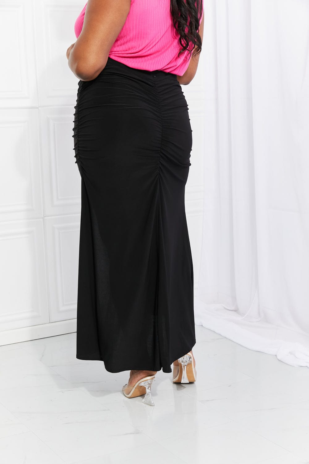 Up and Up Ruched Slit Maxi Skirt in Black - Body By J'ne