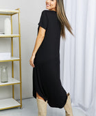 V-Neck Short Sleeve Curved Hem Dress in Black - Body By J'ne