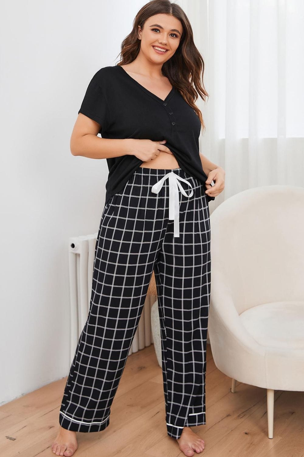 V-Neck Top and Plaid Pants Lounge Set - Body By J'ne