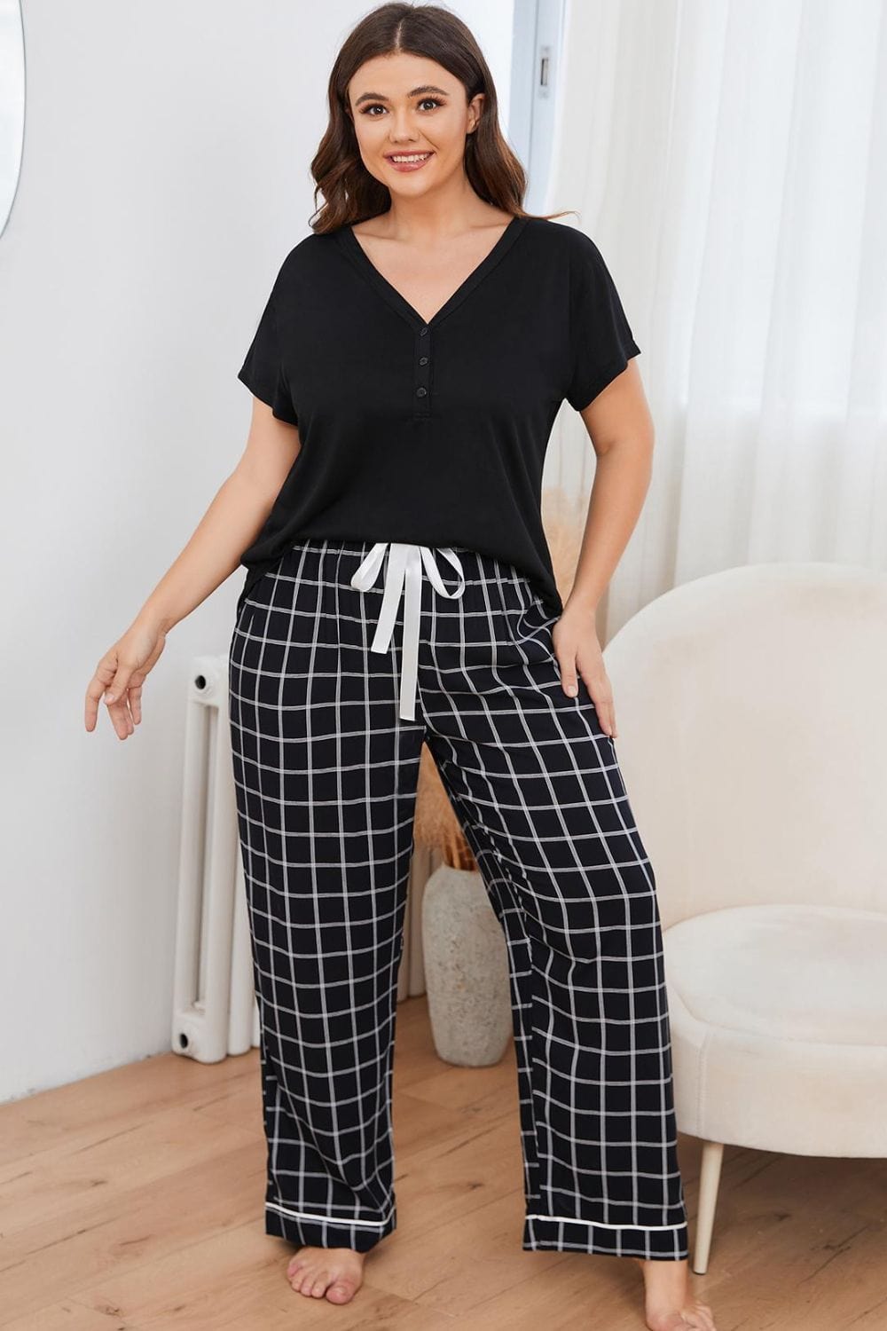 V-Neck Top and Plaid Pants Lounge Set - Body By J'ne