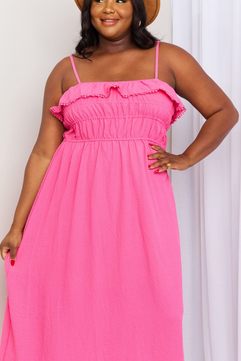 What In Carnation Full Size Shirred Sleeveless Dress - Body By J'ne