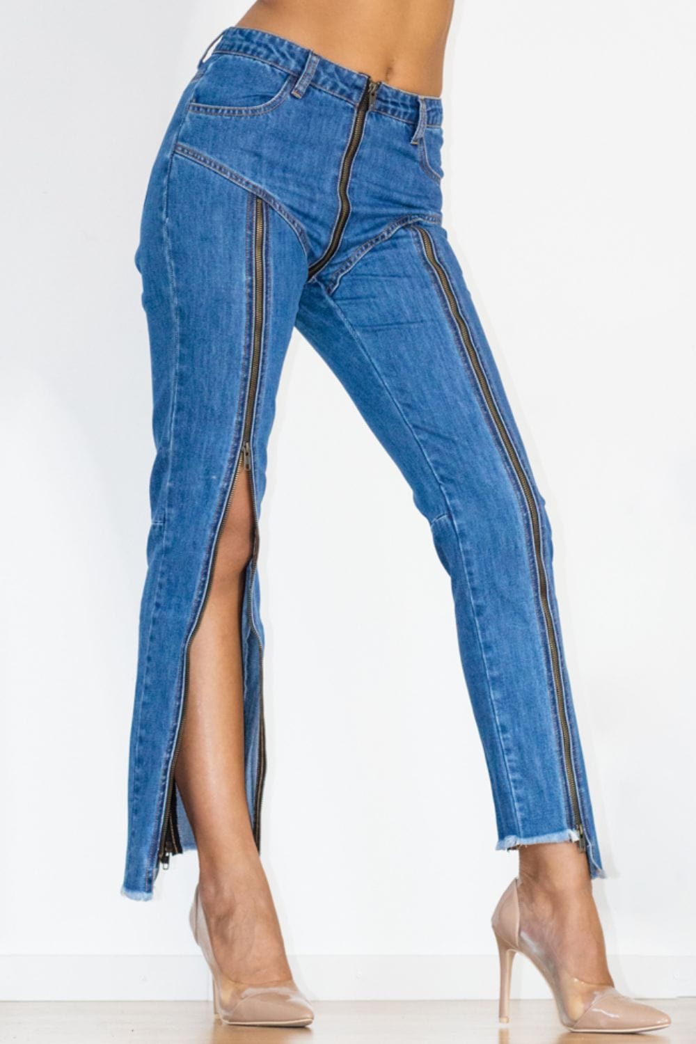 Zip Detail Slit Long Jeans - Body By J'ne