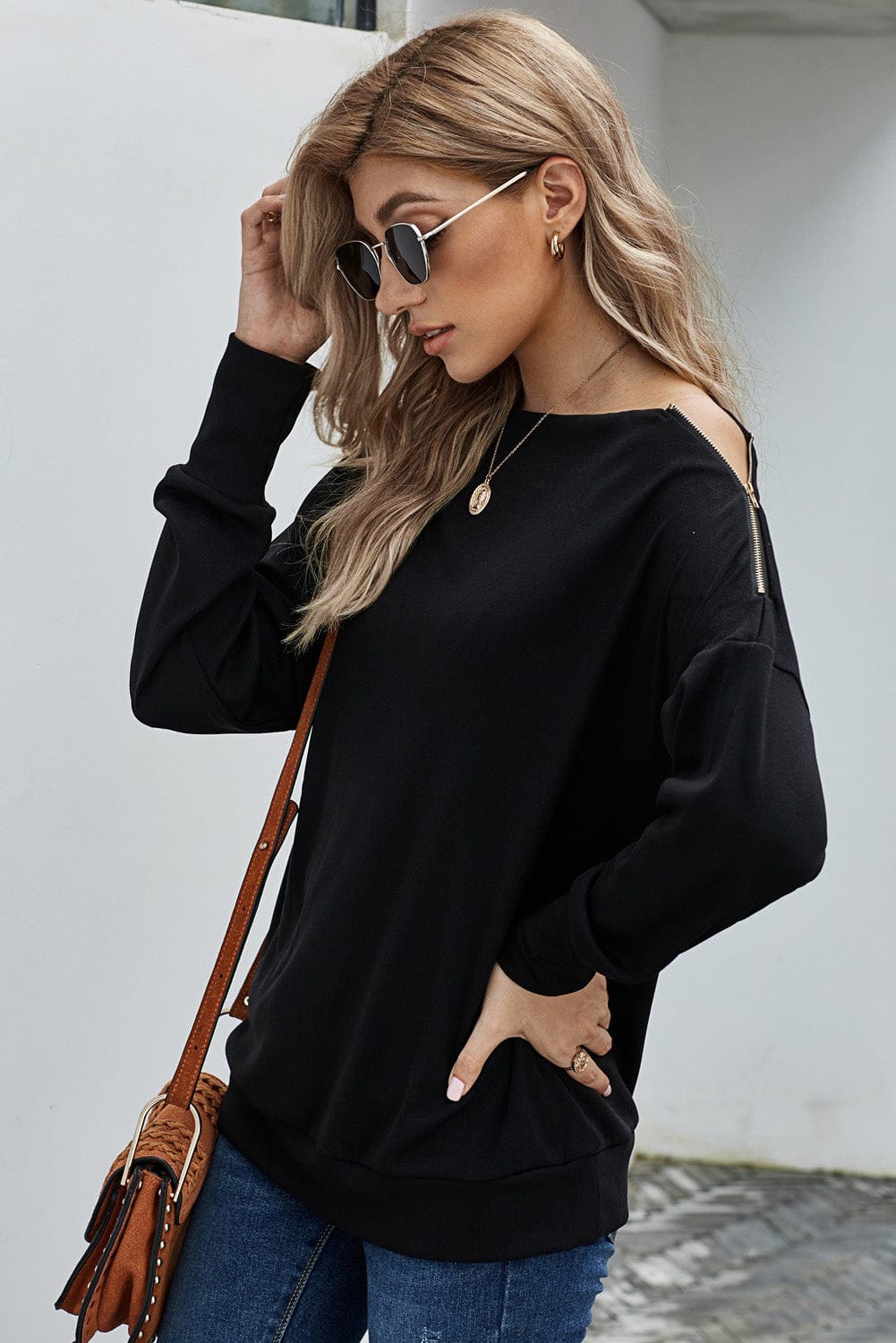 Zipper Detail Boat Neck Dropped Shoulder Sweatshirt - Body By J'ne