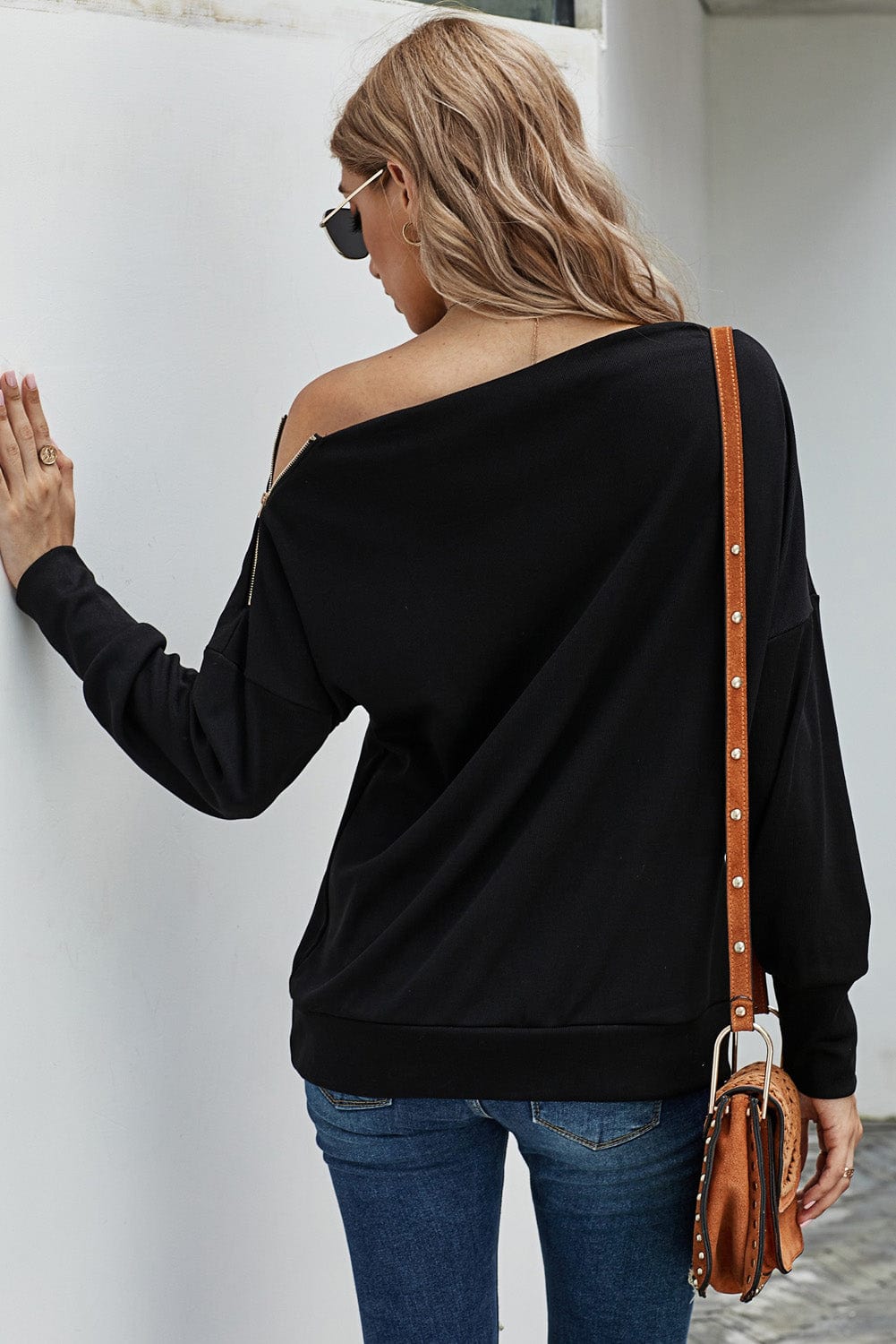 Zipper Detail Boat Neck Dropped Shoulder Sweatshirt - Body By J'ne